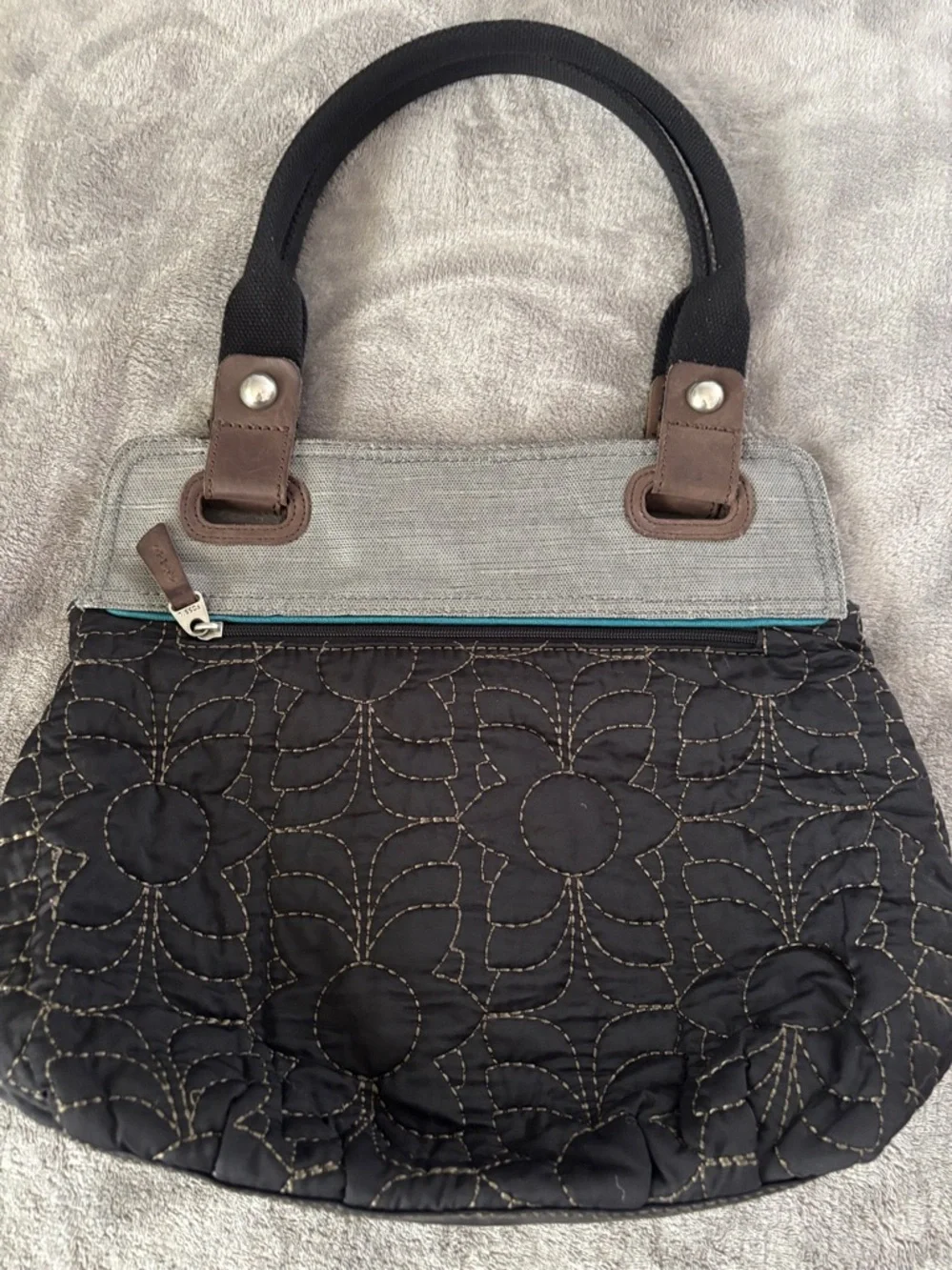 Fossil Key-Per Ladies Large   Black and Gray Floral Quilted Shoulder‎ Bag